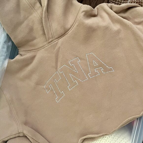 Aritzia TNA Perfect Hoodie Cropped Nude Beige Rhinestone Bedazzled size S - Picture 1 of 9